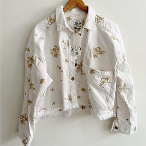 Zara White Floral Embroidered Jean Jacket